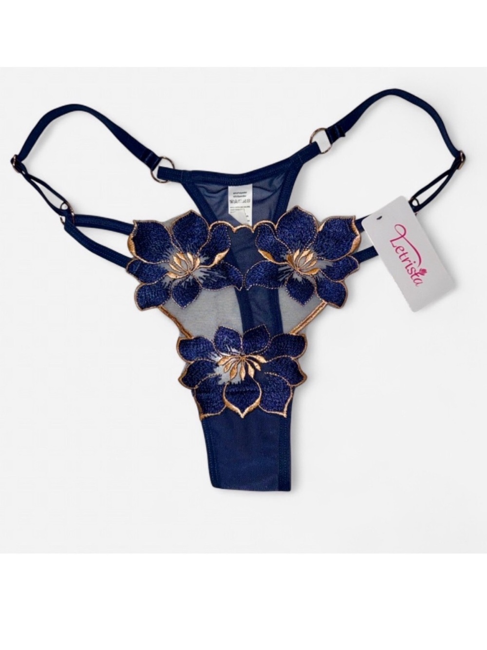 NEW Sheer Mesh Embroidered Floral Blue/Gold Thong - Medium